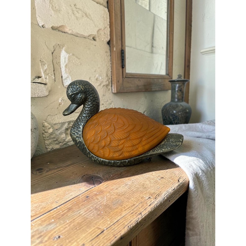 Vintage Cast Iron Mallard Duck Table Lamp - Amber Glass Night Light
